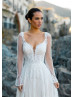 Long Sleeve Beaded Ivory Lace Tulle U Back Wedding Dress